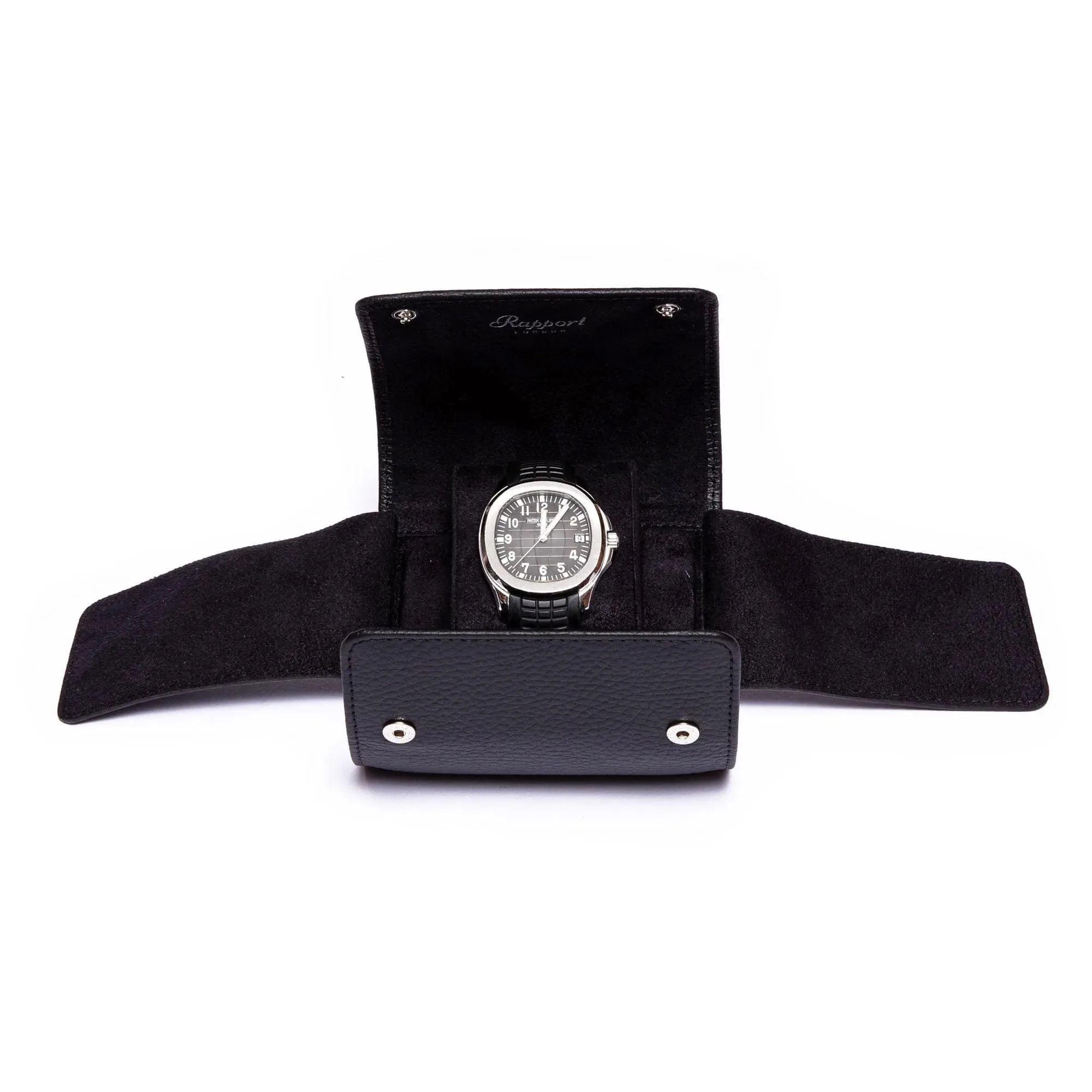 BERKELEY SINGLE WATCH ROLL crna kutija za čuvanje satova Rapport-Berkeley-Black-Leather-Single-Watch-Roll-D190